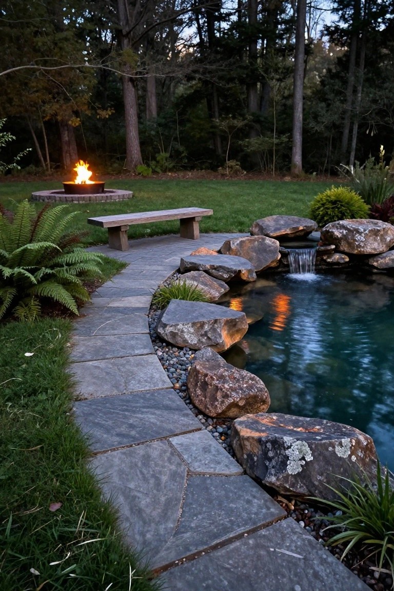 Curved gray flagstone path along a small turquoise pond edged with large mossy boulders, waterfall, plants, grass, and a stone fire pit with wooden bench in a tree-lined yard at dusk.