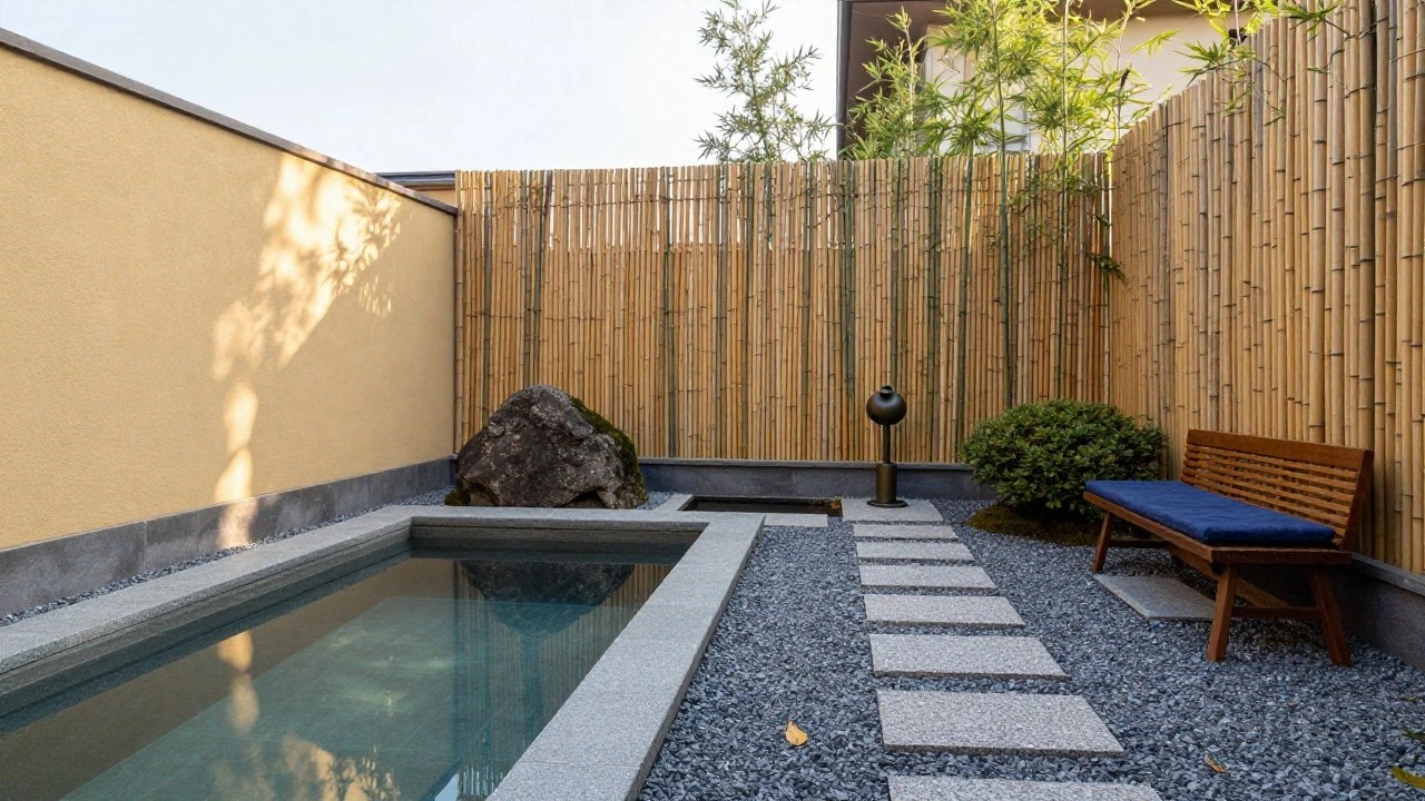 Small turquoise-tiled rectangular pool in a walled courtyard with tall bamboo screen on one side, wooden daybed with blue cushions nearby, gravel ground cover, stone pavers, mossy boulder, and potted shrub.
