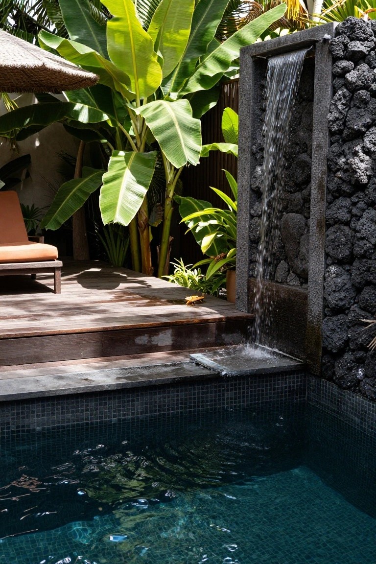Small outdoor pool with dark mosaic tiles and a lava rock waterfall cascading from a framed black stone wall above a wooden deck, surrounded by large banana plants and other tropical greenery, with an orange lounge chair on the deck.