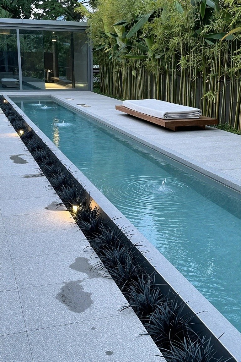 Long narrow turquoise pool with bubbling fountains along its length, edged by black grasses and stone pavers, a wooden bench nearby, bamboo screen, and modern glass house in background.