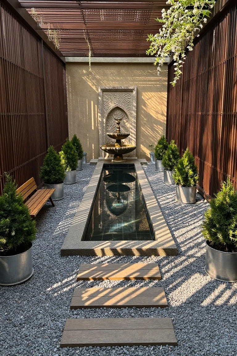 Narrow rectangular reflecting pool in a wooden slatted courtyard with potted conical evergreen trees in metal containers along the edges, gravel ground cover, wooden bench, steps, and ornate fountain at the far end.