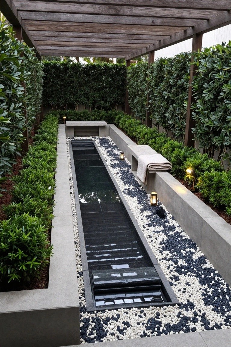 Narrow rectangular reflecting pool with black tiled bottom and white-black pebble surrounds, concrete edging with built-in benches, green hedges on sides, and wooden pergola overhead.