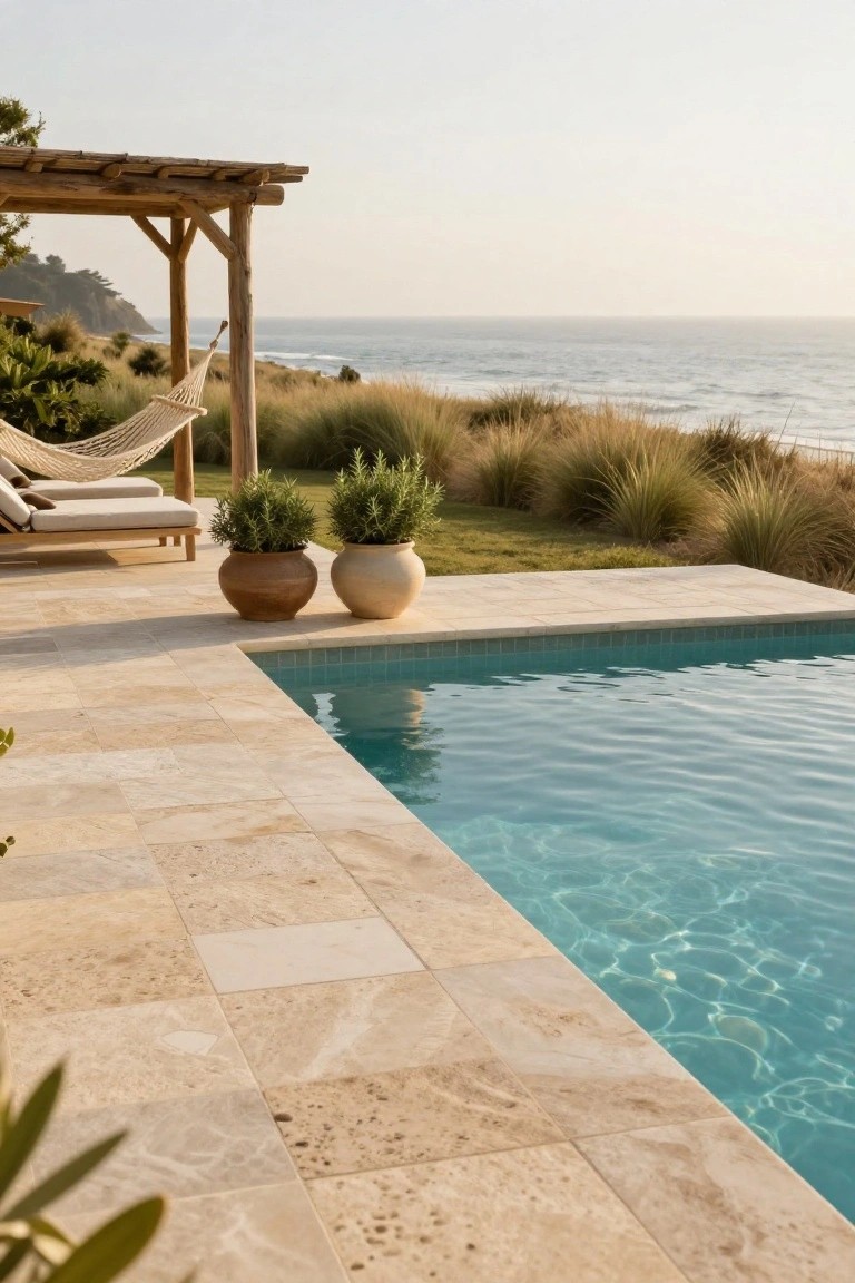 Corner view of a rectangular pool with light beige stone tile decking, two large terracotta pots with rosemary plants, lounge chairs and white hammock under rustic wooden pergola, with ocean waves and dune grasses beyond.