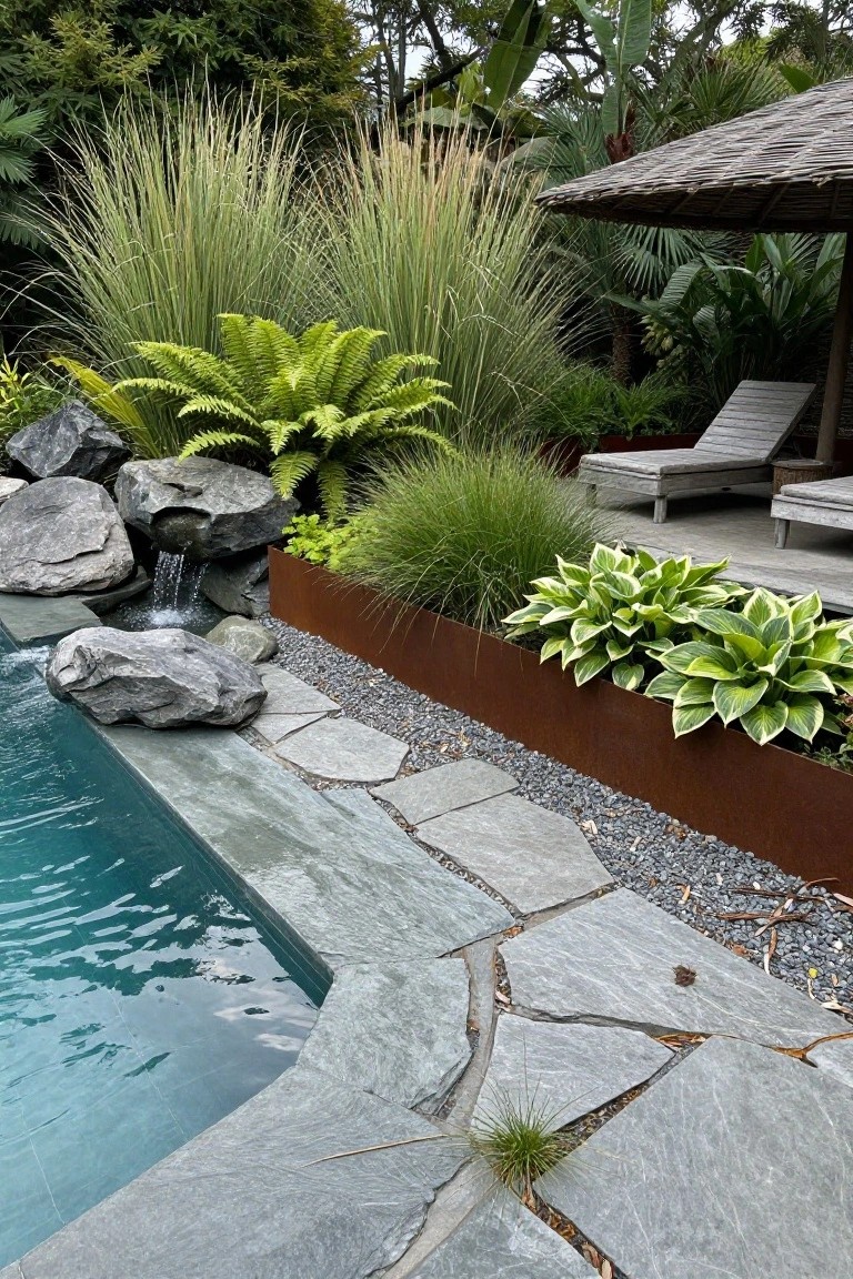 Swimming pool with large gray boulders at the edge forming a small waterfall, surrounded by ornamental grasses, ferns, and hostas in a rusty metal planter box, stone pavers, and gravel ground cover.