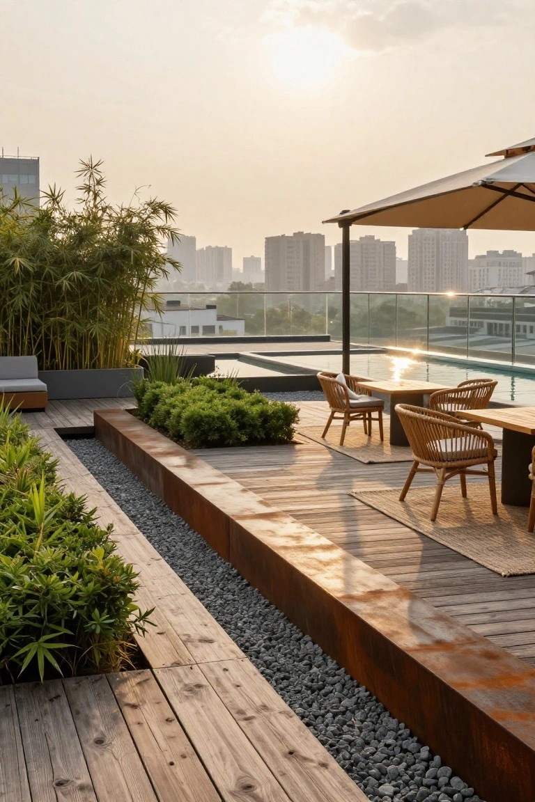 Rooftop deck with rectangular pool, wooden planking, rattan chairs and table under beige umbrella, bamboo and shrub plantings, gravel strip edged in rusted metal, and city skyline at sunset.