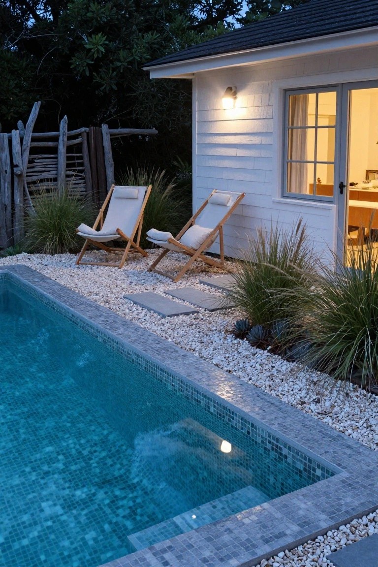 Two white-cushioned wooden lounge chairs positioned beside a turquoise mosaic-tiled pool on white pebble ground, next to a lit modern white cabana with sliding doors, grasses, and a driftwood fence at dusk.
