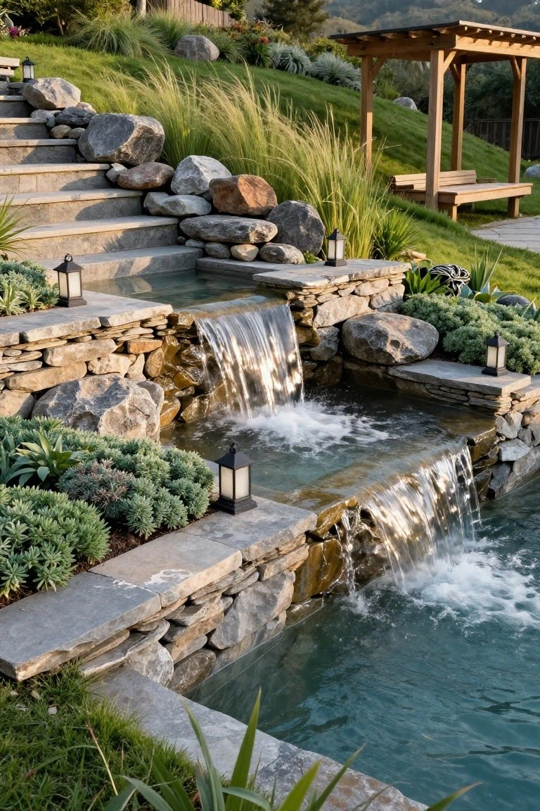 Tiered Stone Waterfalls for Pool Calm