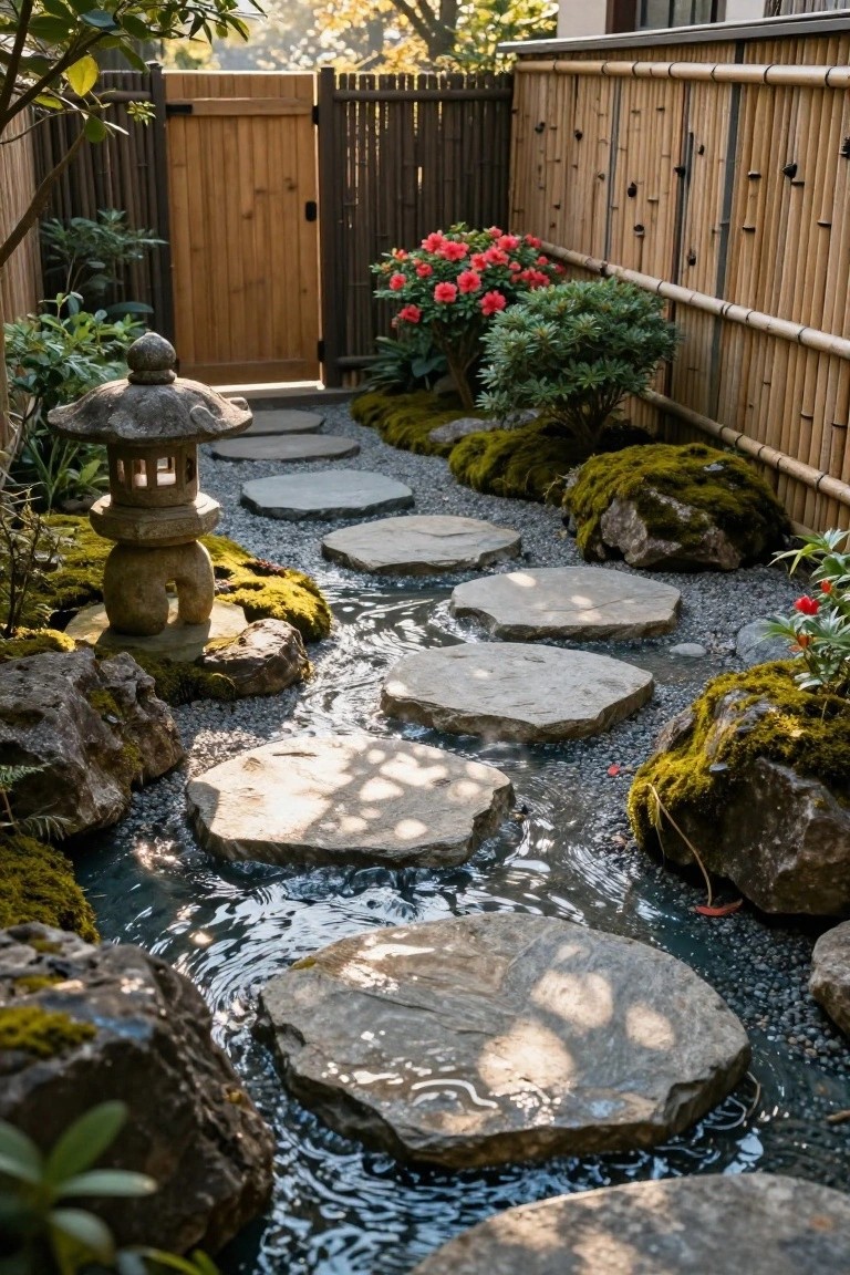 A narrow garden path of large irregular gray stepping stones placed over a shallow meandering stream, surrounded by moss-covered rocks, gravel, ferns, red flowers, a stone lantern, and bamboo fencing.