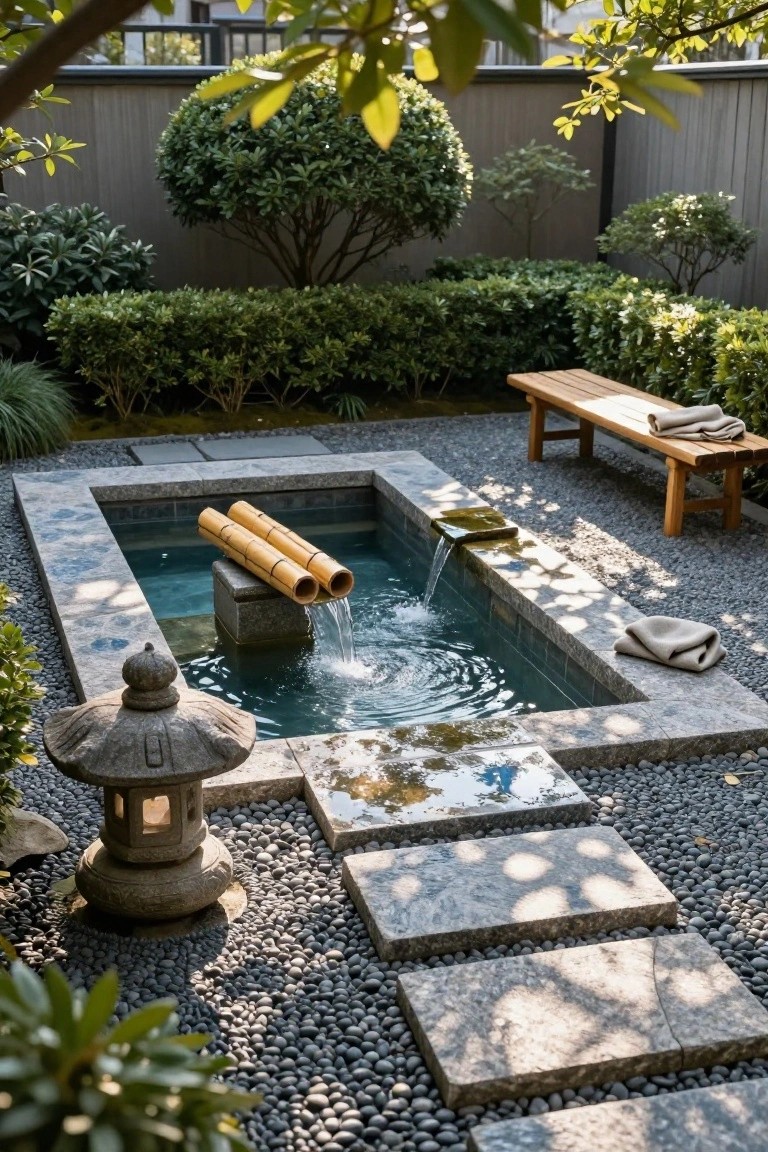 Small rectangular stone-lined pool with water flowing from two horizontal bamboo pipes on a pedestal into the blue water, surrounded by gravel, stepping stones, a wooden bench with towels, shrubs, and a stone lantern in a backyard garden.