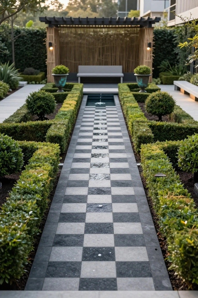Straight-on view down a black-and-white checkered stone pathway lined with boxwood hedges on both sides, featuring a small rectangular pool with fountain in the center and a bamboo-screened pergola with bench at the far end.
