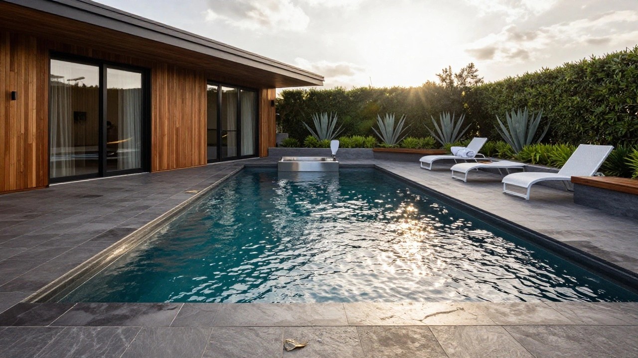 Narrow rectangular pool with central stainless steel fire feature burning in the water, surrounded by dark gray tiled deck, white chaise lounge chairs, tropical plants including agaves, wooden bench, and modern pavilion structure with large glass windows in the background at sunset.