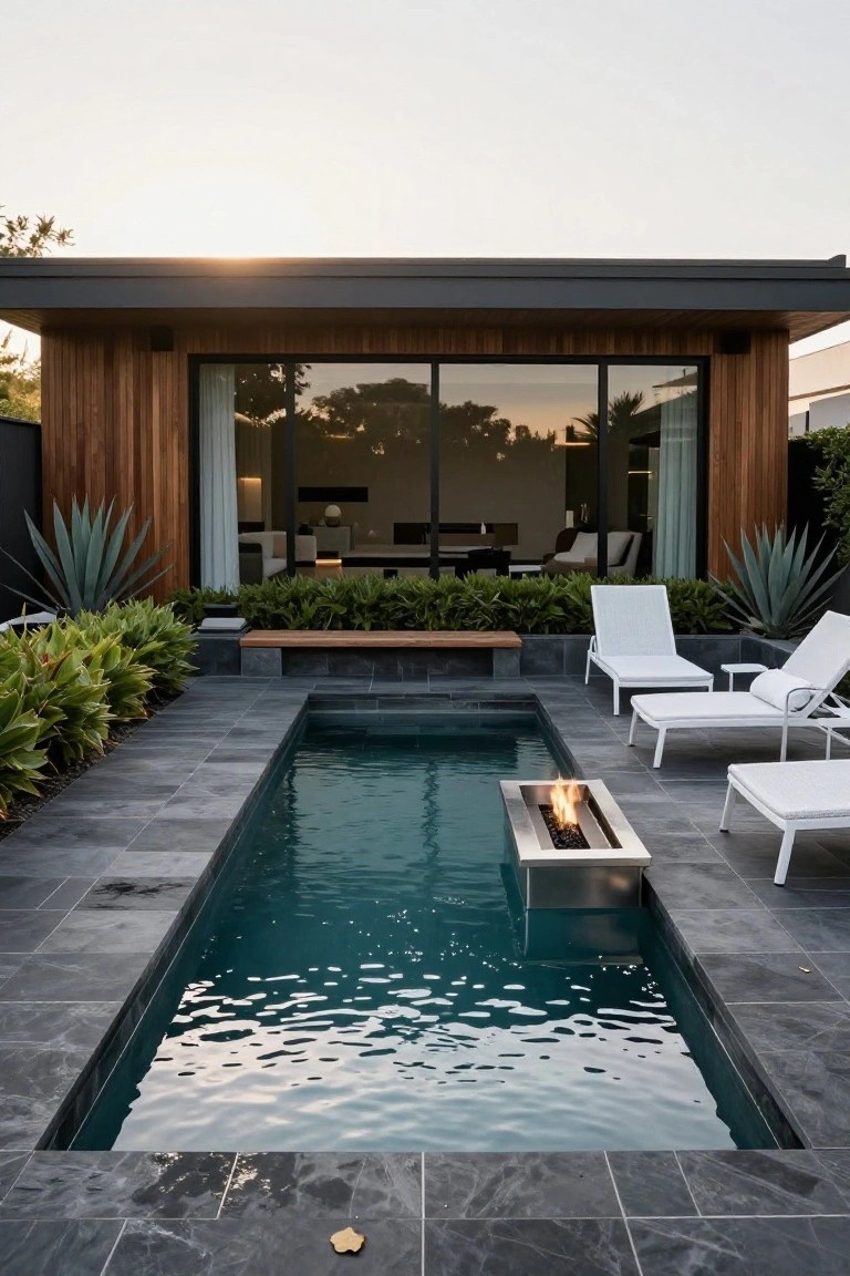 Narrow rectangular pool with central stainless steel fire feature burning in the water, surrounded by dark gray tiled deck, white chaise lounge chairs, tropical plants including agaves, wooden bench, and modern pavilion structure with large glass windows in the background at sunset.