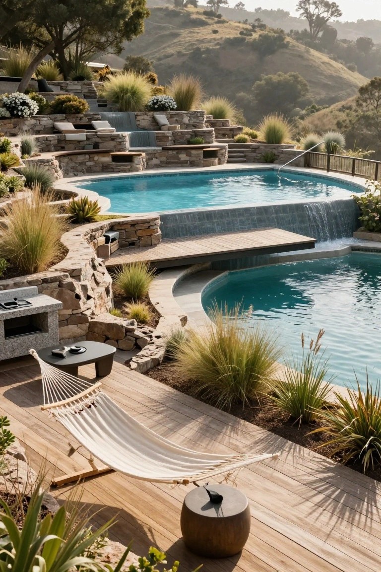 Terraced stone backyard with two curved turquoise pools connected by a waterfall, surrounded by grasses, loungers, a hammock, and a wood deck on a hillside.