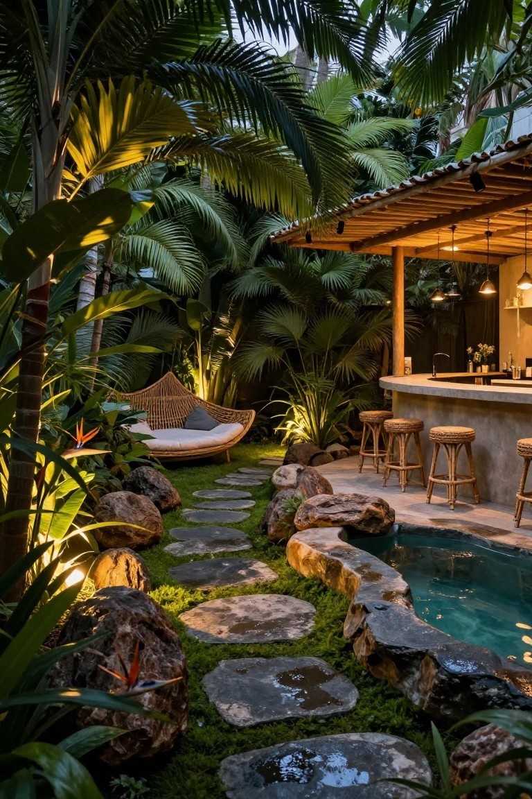 Tropical backyard pool area with curved natural stone bar counter and rattan stools, surrounded by lush green plants, mossy stepping stone path, large rocks, hanging rattan chair, and wooden bar structure under warm lighting at dusk.