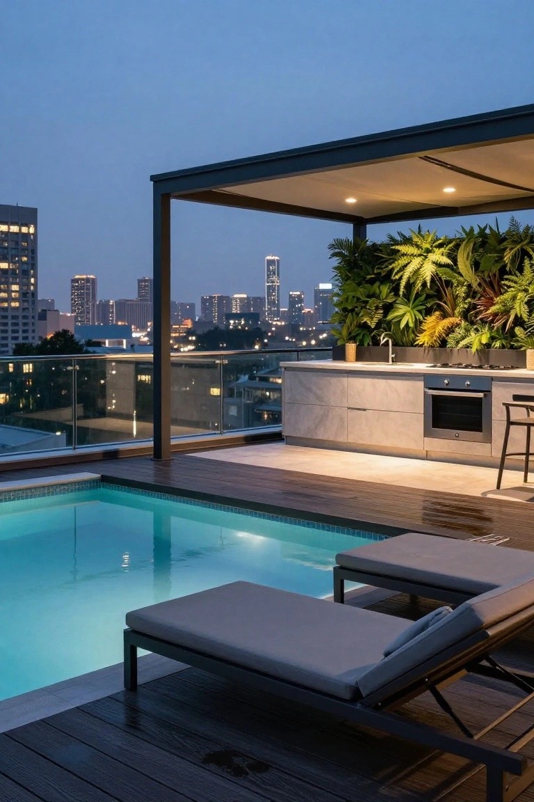 Rooftop terrace with turquoise pool, wooden decking, two lounge chairs, white outdoor kitchen featuring sink, cooktop, oven, and bar stools under a covered pergola with green vertical garden wall and city skyline at dusk.