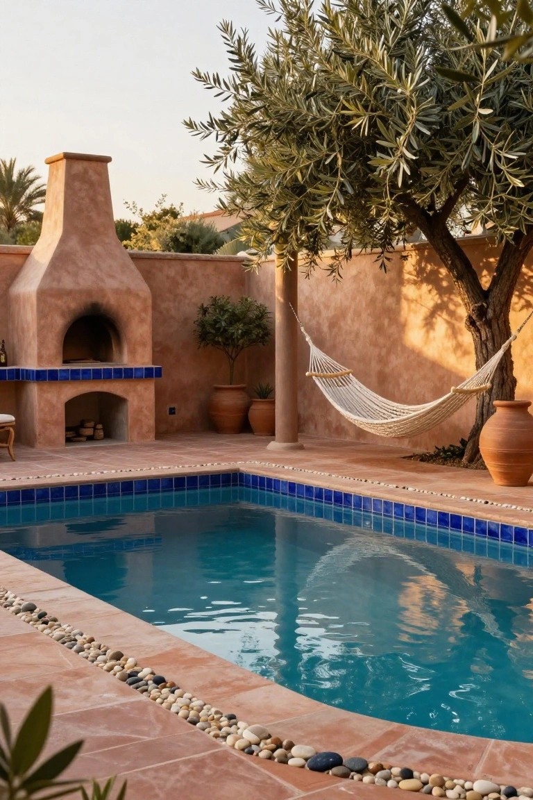 Rectangular pool with blue tile coping and pebble border on terracotta decking, adjacent to a rustic adobe oven fireplace, white hammock between stucco columns, olive trees, and terracotta pots in a walled outdoor courtyard at sunset.