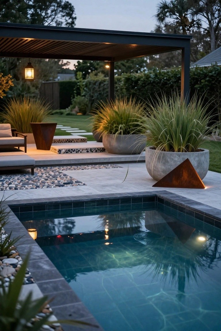 Dusk view of a rectangular dark-tiled pool edged in black with adjacent raised concrete platform holding two lounge chairs under a black slatted pergola, surrounded by tall grasses in large pots, gravel patches, and lit by hanging lanterns and edge lights.