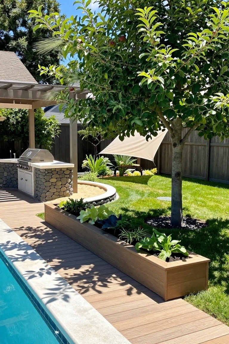 Wooden deck beside a turquoise pool with a long rectangular planter box filled with green leafy plants along the edge, stone BBQ kitchen under a pergola nearby, apple tree in grass lawn, and wooden fence in background.