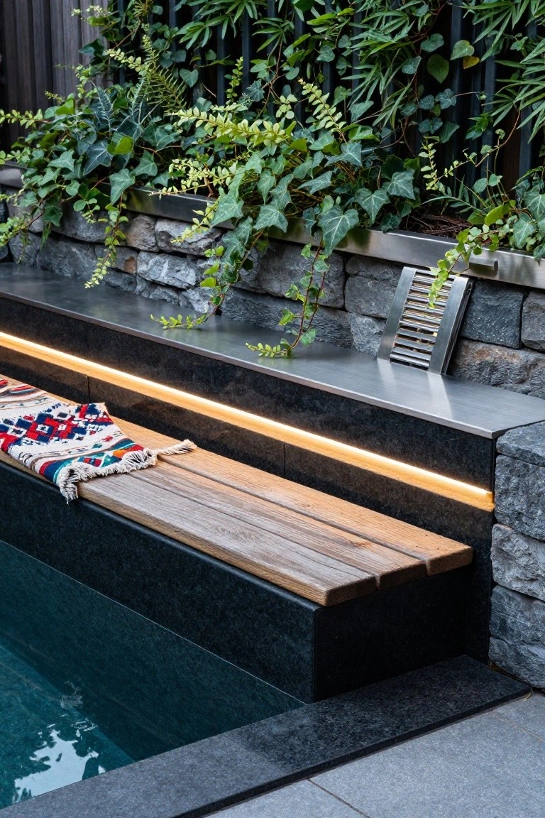 Wooden bench on black stone pool edge with yellow LED strip lighting underneath, patterned rug on seat, ivy climbing stone wall and metal fence beside green pool water.
