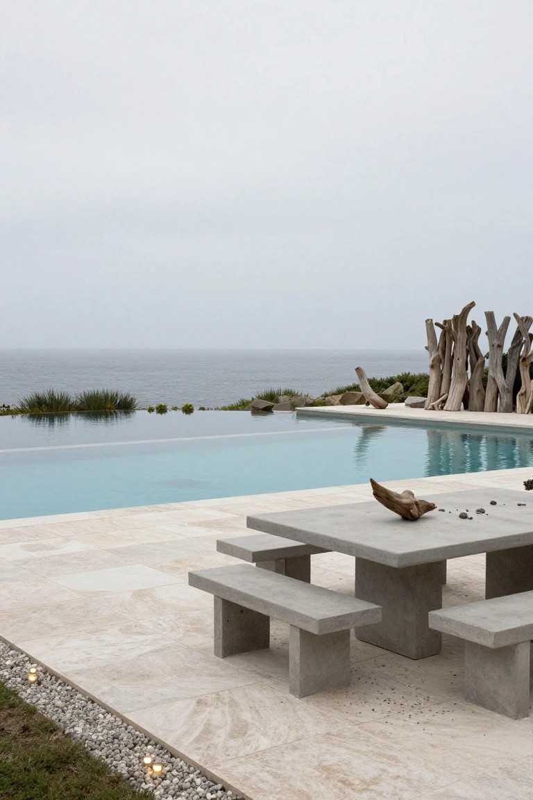 Infinity-edge pool on a light travertine terrace overlooking the ocean, with a rectangular concrete table and benches nearby, driftwood on the table and as sculptures, gravel border, and landscape lights.