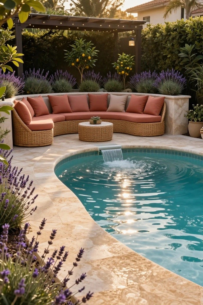 Curved turquoise pool with waterfall at one end, adjacent beige stone deck with lavender plantings, curved orange-cushioned woven sofa sectional and round table under wooden pergola with string lights, citrus trees and hedges in background.