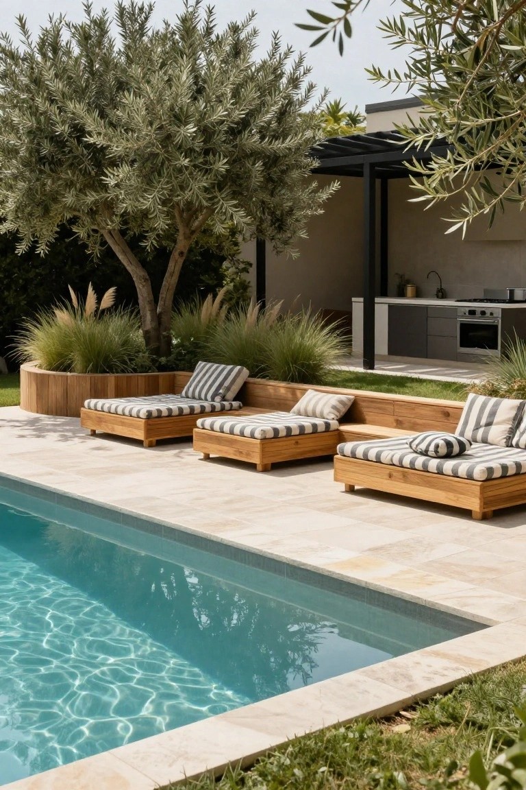 Backyard infinity pool edged in beige tile with three low wooden daybeds built into a curved raised planter bed containing olive trees and tall grasses, striped cushions on the beds, and an outdoor kitchen visible in the background under a pergola.