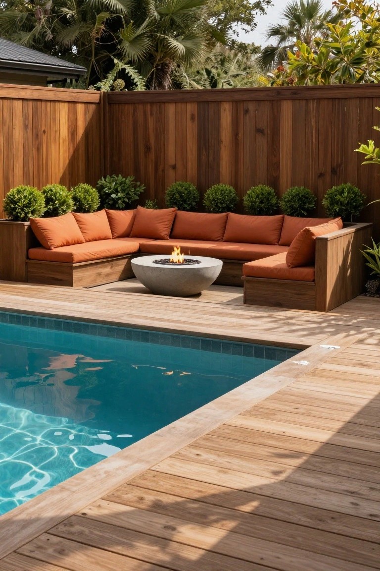 Wooden deck next to a turquoise pool with L-shaped burnt orange sofa seating around a lit concrete fire pit table, boxwood shrubs in wooden planters, and wooden privacy fence with palm trees beyond.