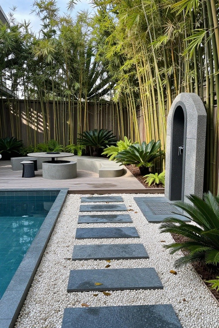 Backyard pool with dark tiled edge and white pebble ground cover containing rectangular black stone stepping stones leading from a wooden deck area, surrounded by bamboo fencing, palm plants, ferns, concrete seating with fire pit table, and a stone outdoor shower.