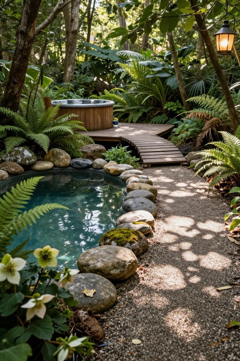 Wooden hot tub on an elevated deck with curved wooden walkway leading to a small circular turquoise pool edged with large mossy rocks, surrounded by ferns, tropical plants, and a gravel path in a lush green garden.