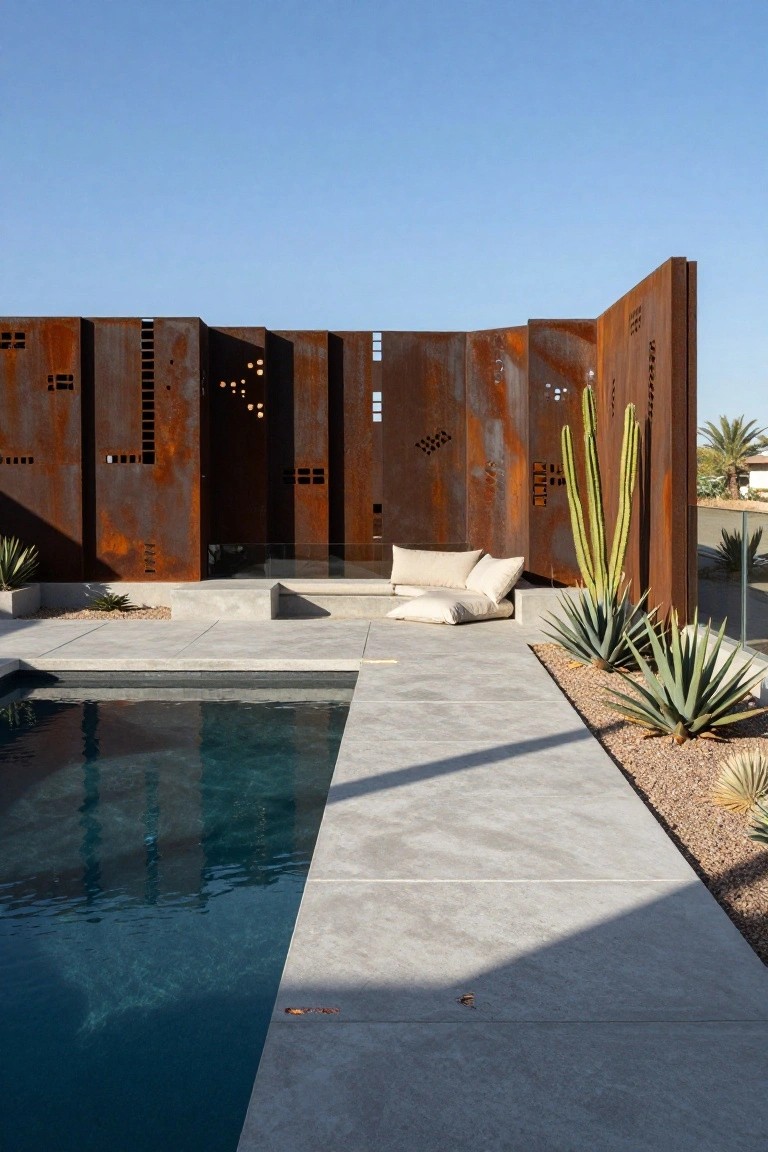 Outdoor lap pool with light gray concrete decking, low concrete bench topped with beige cushions, tall rusted perforated metal privacy screens, and agave and cactus plantings in gravel beds under blue sky.