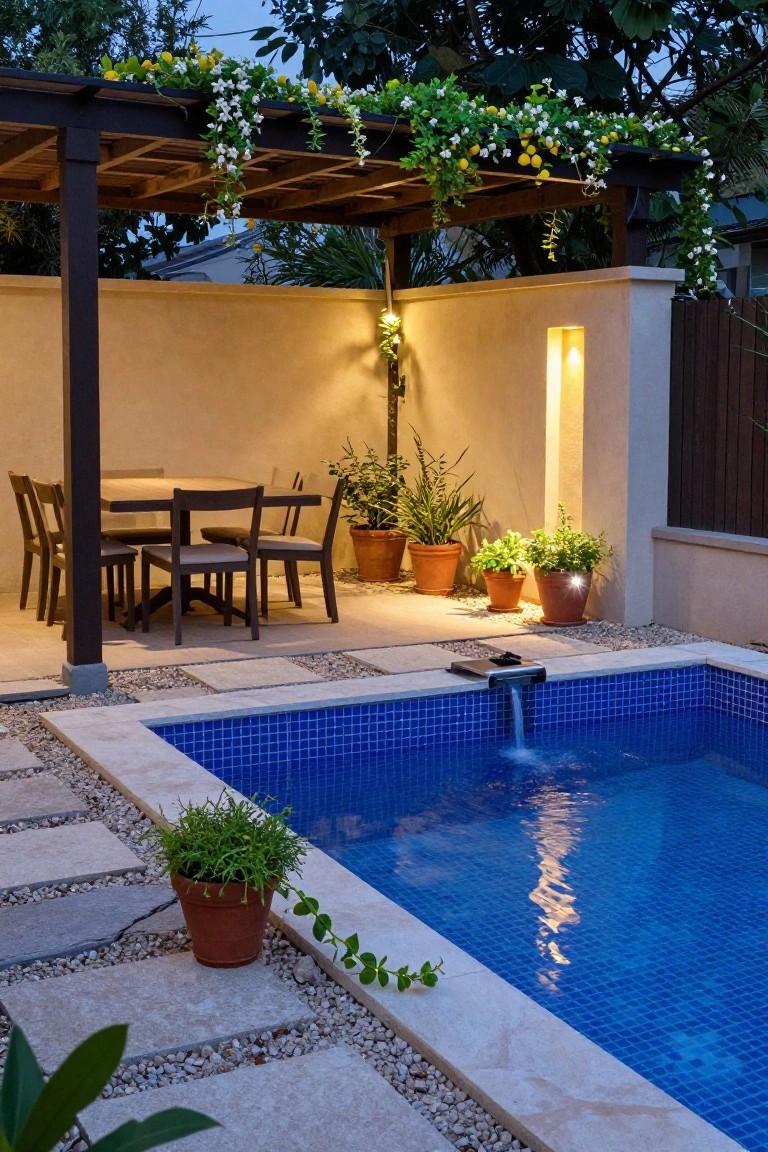 Wooden pergola covered in yellow flowers and vines shelters a dark wood dining table and chairs next to a small blue-tiled pool with a wall-mounted waterfall, surrounded by potted plants and lit by wall lights against a beige stucco wall.