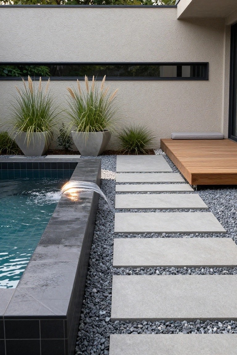Backyard pool with water cascading from a dark tiled edge into turquoise water, surrounded by gray gravel ground cover and large rectangular concrete stepping stones leading to a wooden deck platform, with potted tall grasses against a textured beige wall.