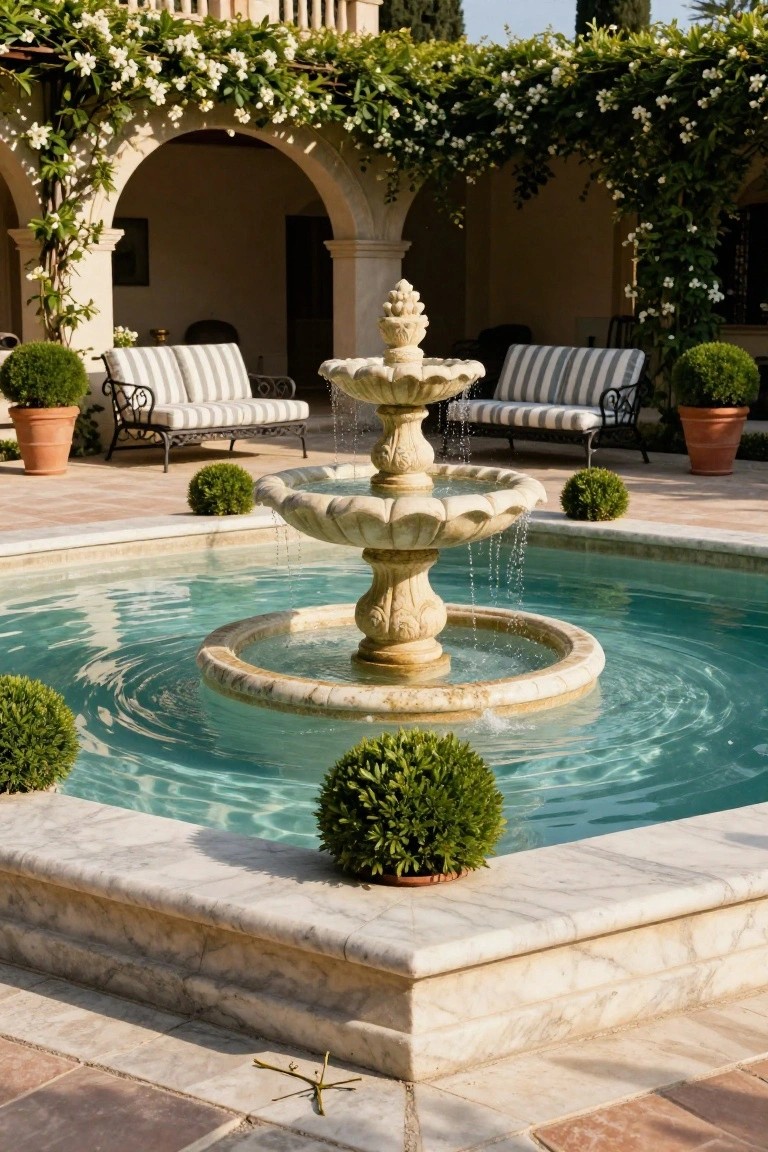 Turquoise pool basin with central tiered stone fountain in a courtyard, flanked by striped benches on wrought iron frames, potted boxwood shrubs, and climbing white flowers on arched stone architecture.