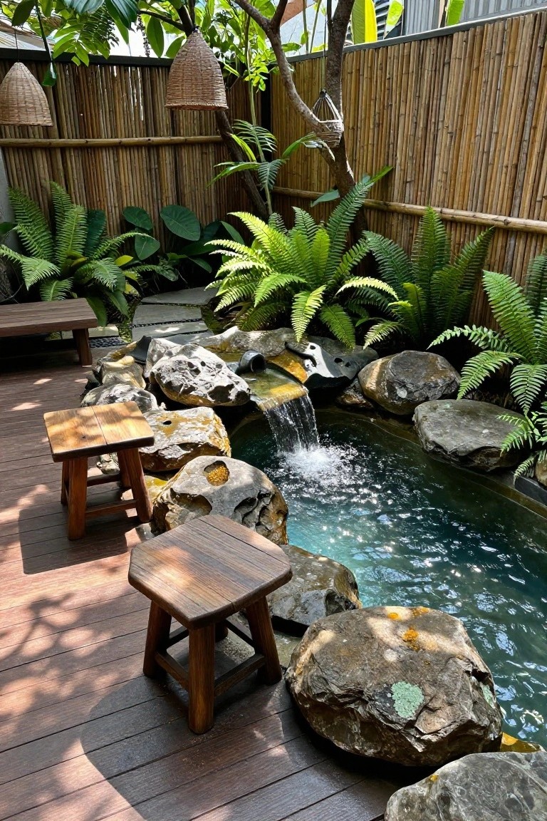 Small turquoise pool edged with large gray rocks and a flowing fountain on a wooden deck, surrounded by green ferns, palms, and bamboo fencing, with wooden stools positioned nearby.