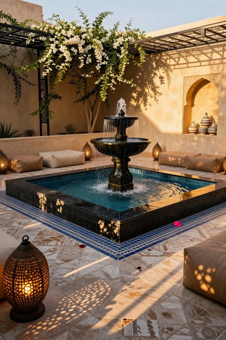 Square turquoise-tiled pool with central black stone fountain and cascading water, surrounded by beige floor cushions and metal lanterns on a patterned tile courtyard floor with beige walls, arched niche, climbing white vines, and potted plants.