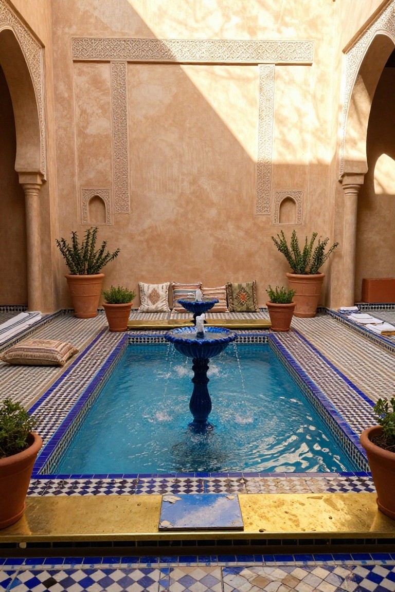 Small rectangular pool with central blue pedestal fountain in a sunlit Moroccan-style courtyard featuring arched beige walls, zellige tile floors, potted plants, and cushioned benches.