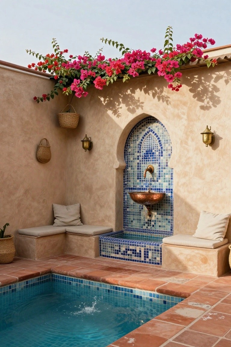 Small blue-tiled plunge pool in a beige stucco courtyard corner next to a blue mosaic arched wall with copper fountain basin, built-in cushioned benches, hanging baskets, wall lanterns, and overhead pink bougainvillea vines.
