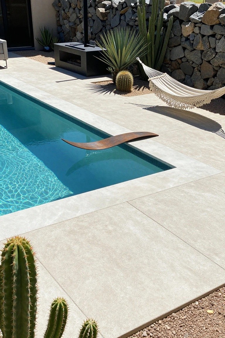 A turquoise rectangular pool with a curved brown wooden diving board extending from the beige tiled deck over one end, next to a black fire pit, white hammock, agave plants, and cacti against a stone wall.