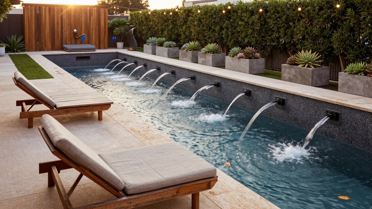 A rectangular pool with multiple linear fountains along one edge shooting water arcs into the dark blue water, flanked by beige stone decking, two wooden loungers on artificial grass, potted succulents, and a weathered wood fence strung with lights.