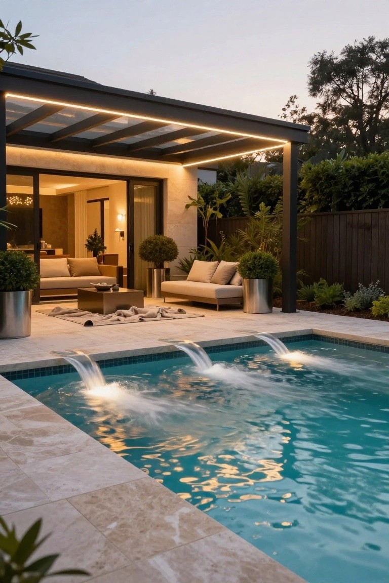 Rectangular turquoise pool with three edge-mounted fountains cascading water into it from a travertine deck, adjacent outdoor lounge with beige sofas, coffee table, potted plants, under a lit black pergola with open sliding glass doors to a lit interior room.