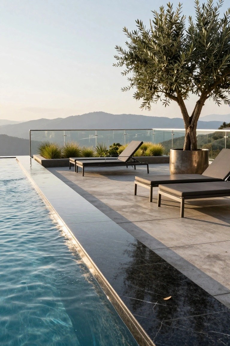 Infinity edge pool with dark stone coping on a terrace featuring gray loungers, potted olive tree, grasses, and agave plants, overlooking mountains at sunset.