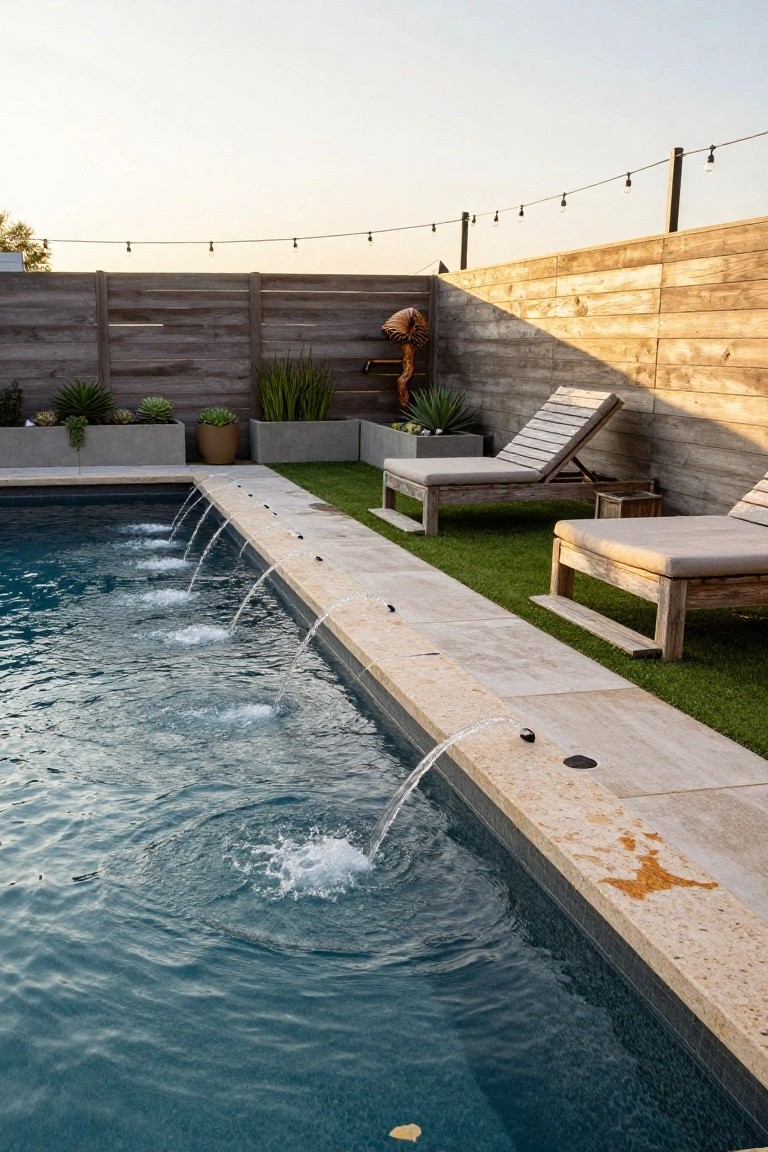 A rectangular pool with multiple linear fountains along one edge shooting water arcs into the dark blue water, flanked by beige stone decking, two wooden loungers on artificial grass, potted succulents, and a weathered wood fence strung with lights.
