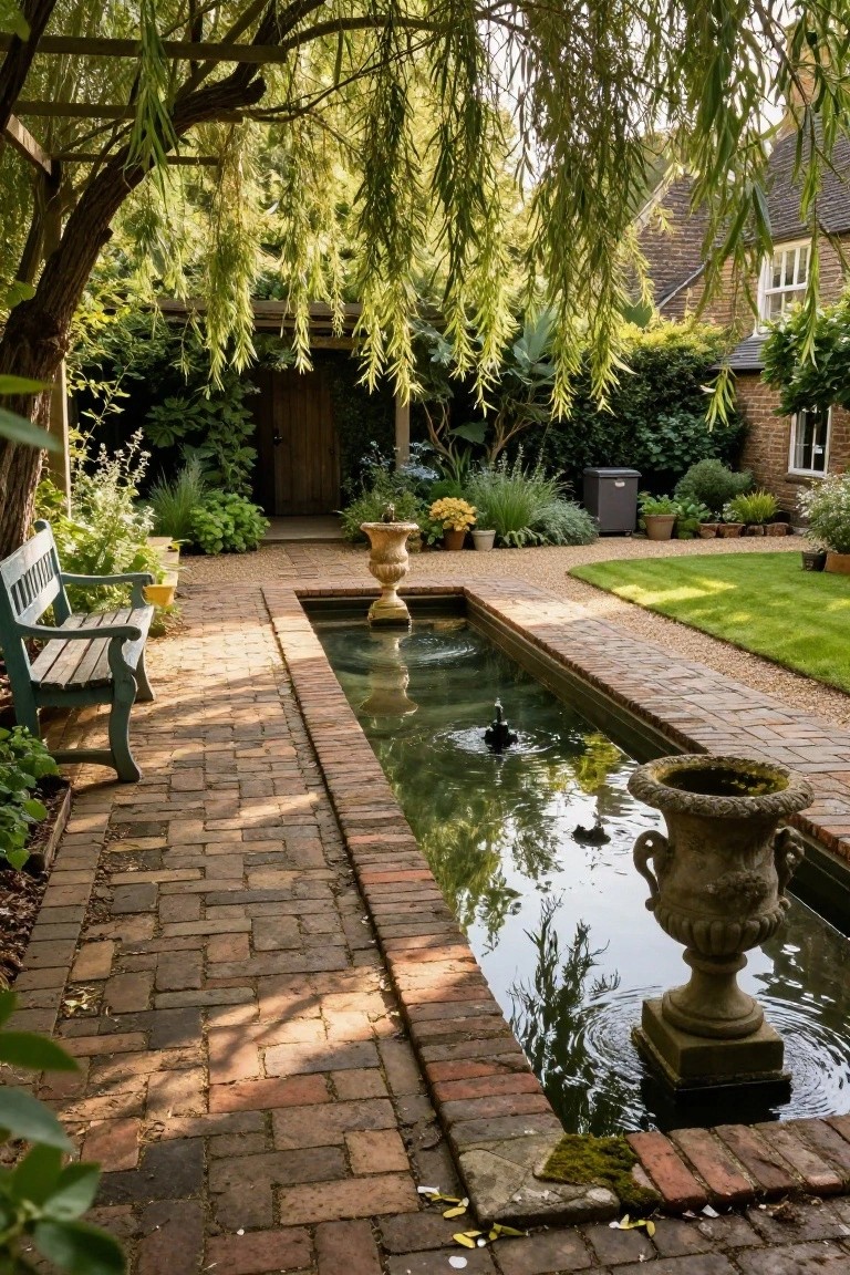 A narrow rectangular pool with fountain spouts and two ducks runs alongside a brick pathway in a garden courtyard, bordered by plants, a wooden bench, stone urns, and potted greenery, with a house and weeping willow tree nearby.