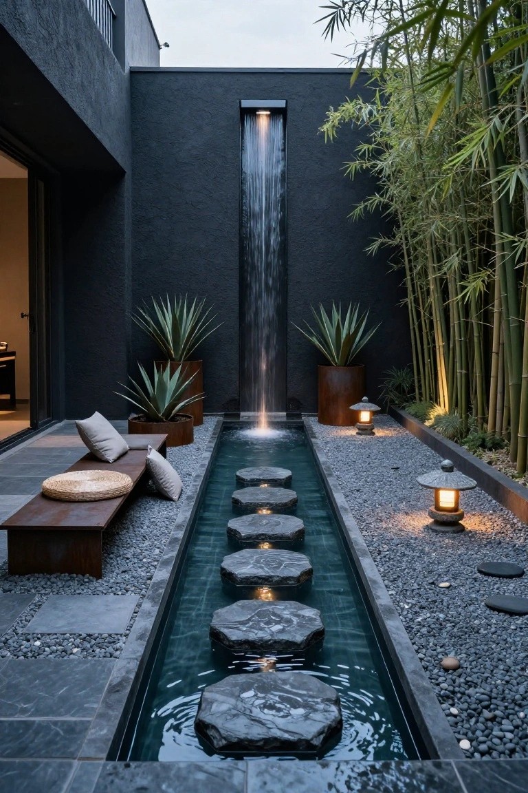 Narrow rectangular pool in a dark-walled courtyard with irregular flat stepping stones across the water, a wall-mounted waterfall at one end, potted agave plants, bamboo screening, stone lanterns, gravel paths, and a wooden bench with cushions nearby.
