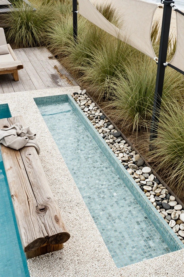 Narrow rectangular pool with light blue mosaic tiles, bordered by white pebbles and beach grasses, with a weathered wooden bench alongside on a wooden deck near sand dunes.
