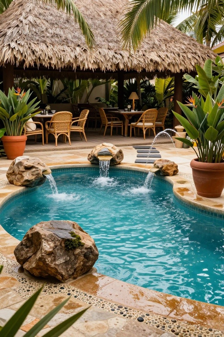 A curved turquoise-tiled pool with two rock-formed spouts cascading water into it, surrounded by natural stone boulders, terracotta decking, potted plants, and a nearby open thatched pavilion with wicker seating.