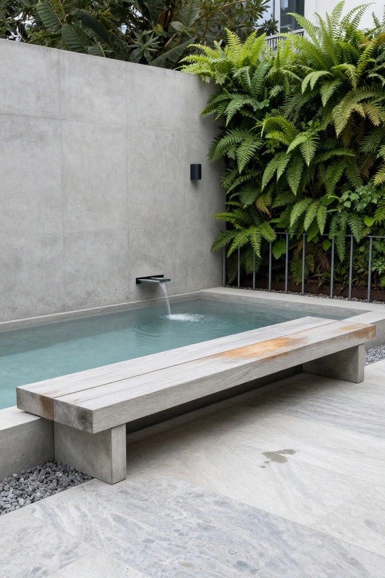 Small rectangular plunge pool with turquoise water fed by a wall-mounted fountain spout on a concrete wall, wooden bench along one edge on concrete base, surrounded by green ferns and pebble ground cover on gray stone patio.