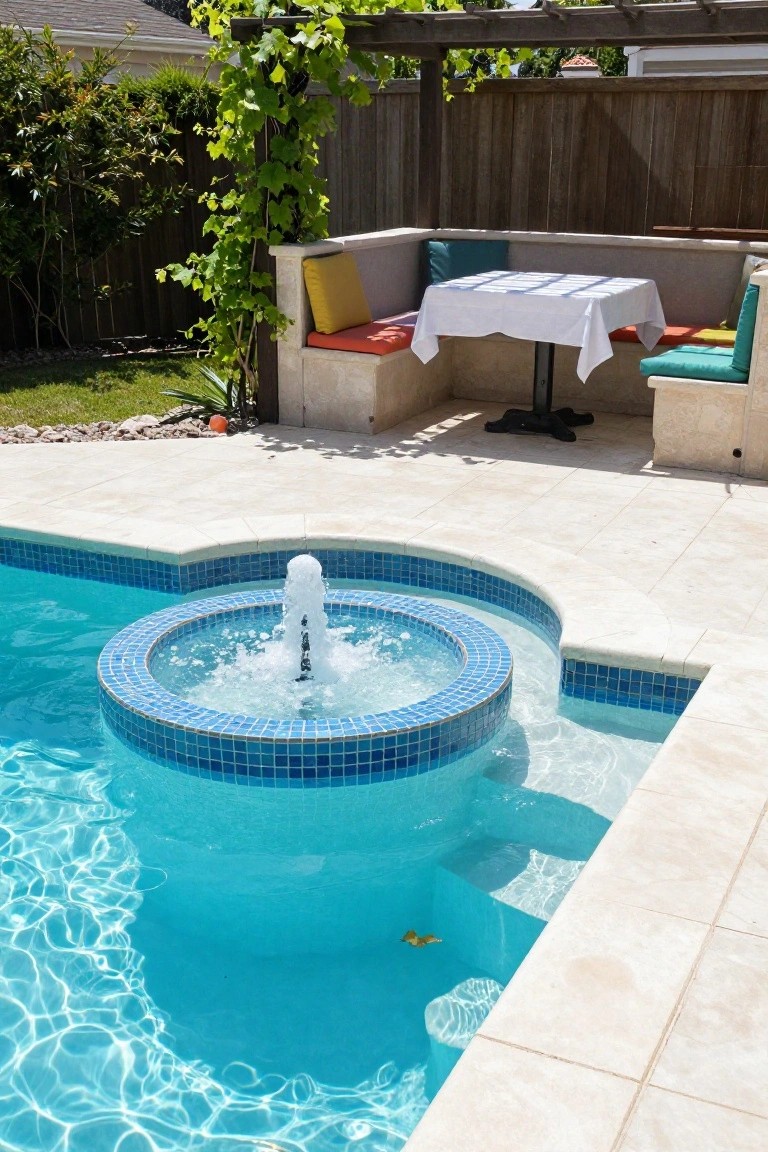 A backyard swimming pool with a circular blue mosaic-tiled fountain pedestal integrated into the corner edge, water jet spraying upward, surrounded by beige tile decking and an adjacent built-in bench seating area under a vine-covered wooden pergola.
