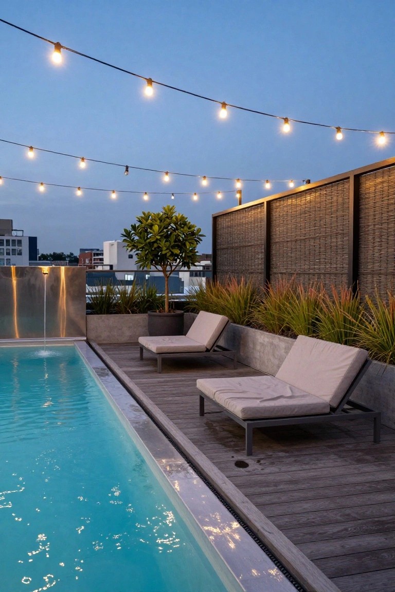 Rooftop infinity pool at dusk with turquoise water, wooden deck, beige loungers, potted plants, woven privacy screens, string lights overhead, and a tall brushed metal wall fountain cascading water beside the pool edge.
