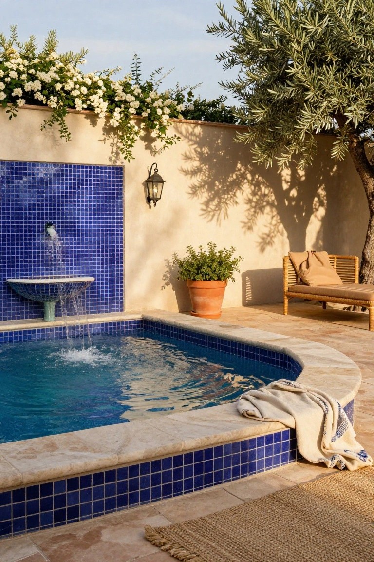 Small turquoise-tiled plunge pool with a curved white fountain mounted on a blue-tiled wall spilling water into the pool, terracotta flooring, olive tree, white flowering vines on beige walls, potted green plant, rattan daybed with beige cushions, and seagrass rug nearby.